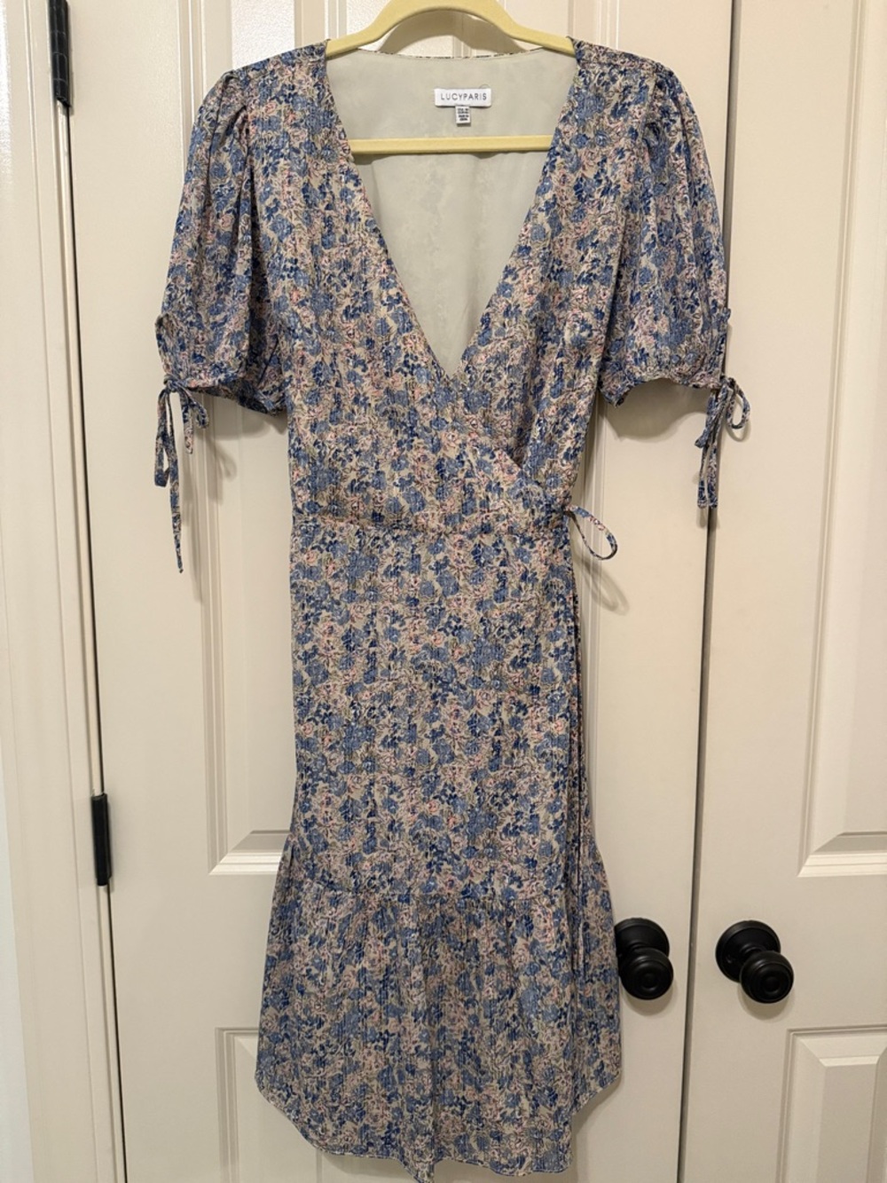 Lucy Paris Blue and Pink Floral Wrap-Style Midi Dress